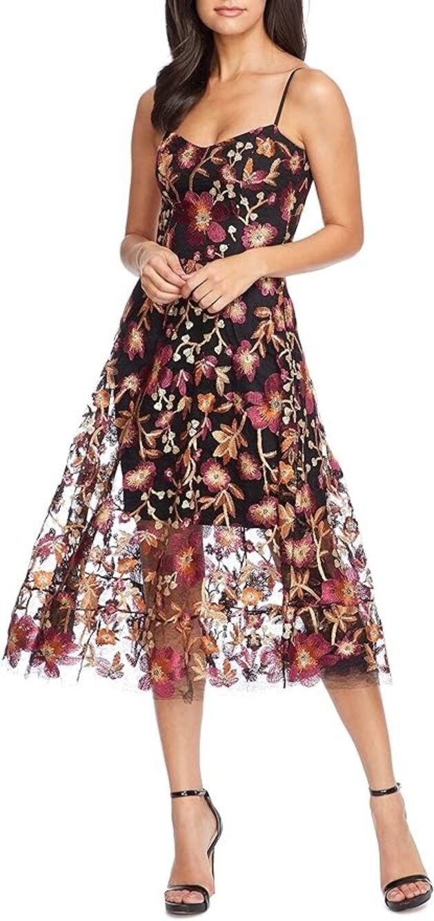 Dress the Population Uma Floral Embroidered Gold Sequins Midi Dress Size XS